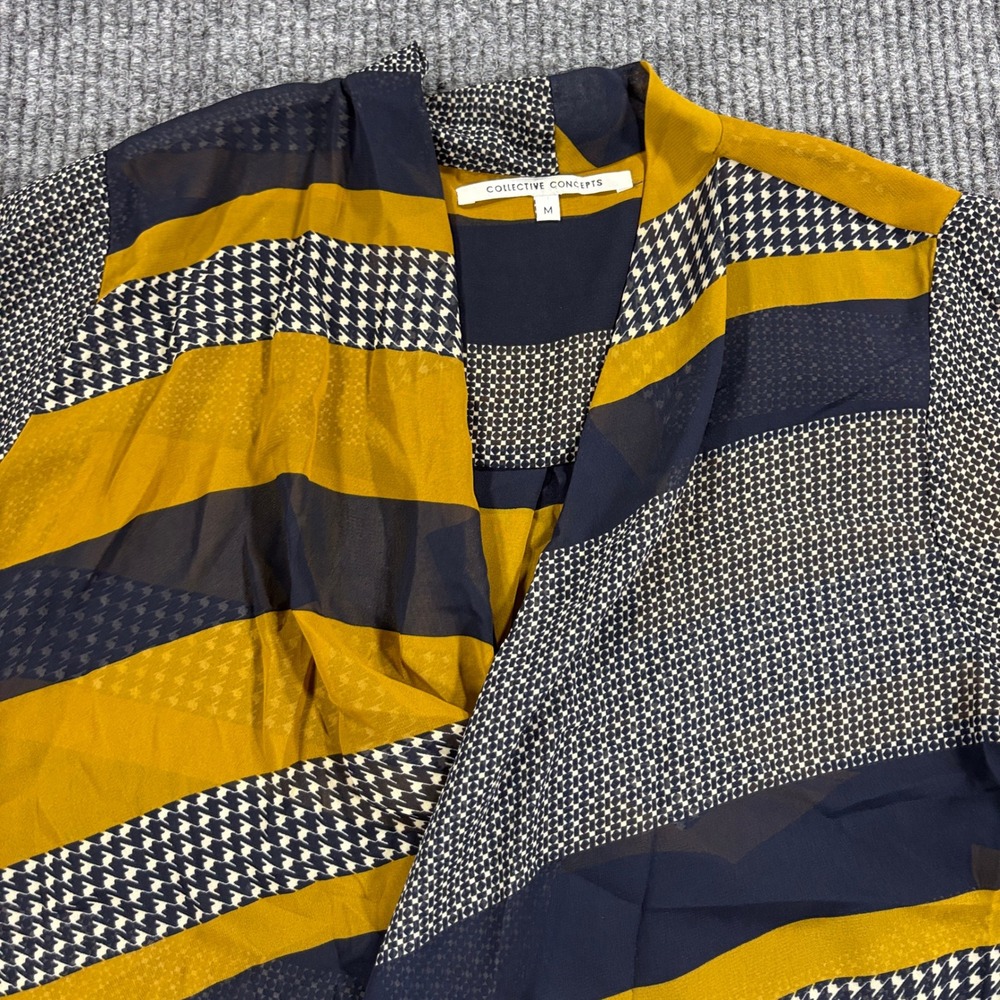 Collective Concepts Blouse Womens Medium Yellow Navy Striped Houndstooth Draped